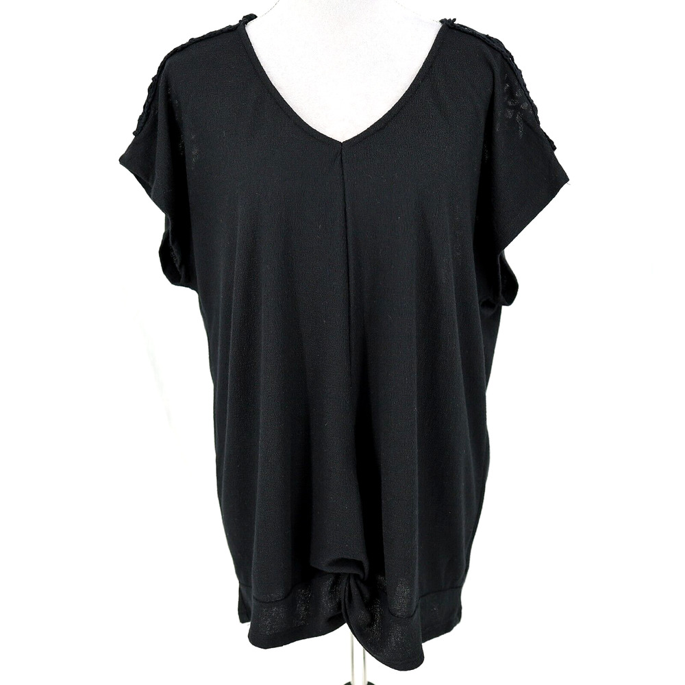 Torrid Top 00 Womens Medium Black Crochet Back Blouse T-shirt Boho Lagenlook